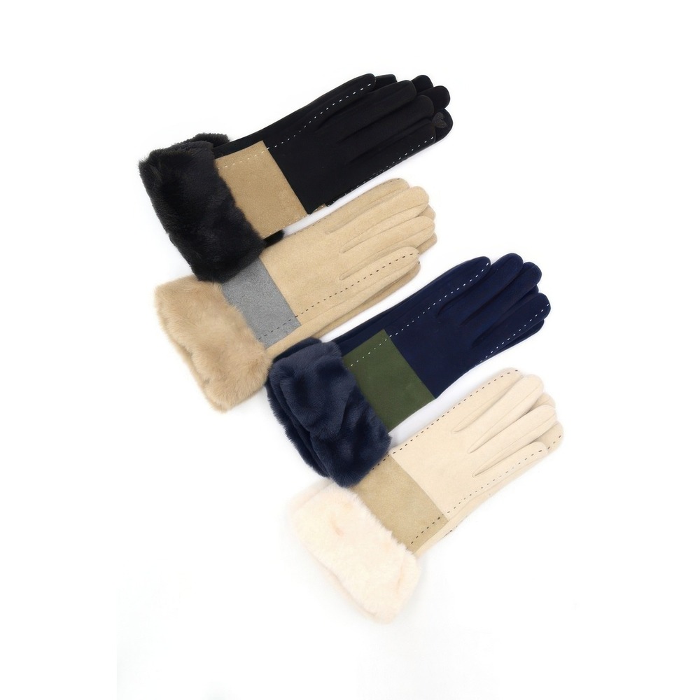 Womens Fashion Gloves Black Tan Faux Fur Trim Warm Winter Touchscreen Compatible - Picture 2 of 2